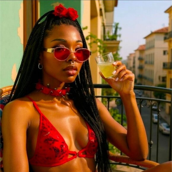 Dolls Kill ✦ Red Rhinestone Oval Sunglasses ✦ Gold Frame Black Arms Festival NWT - Picture 5 of 5